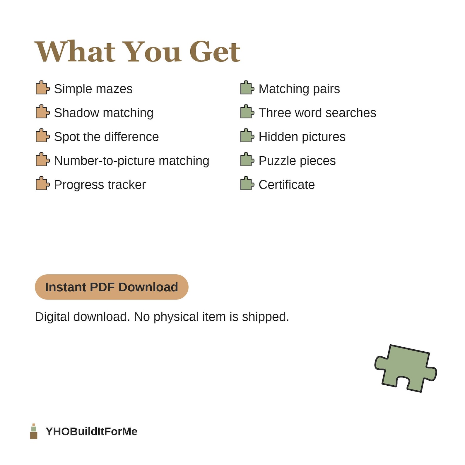 What You Get page listing simple mazes, matching, spot the difference, word searches and a certificate