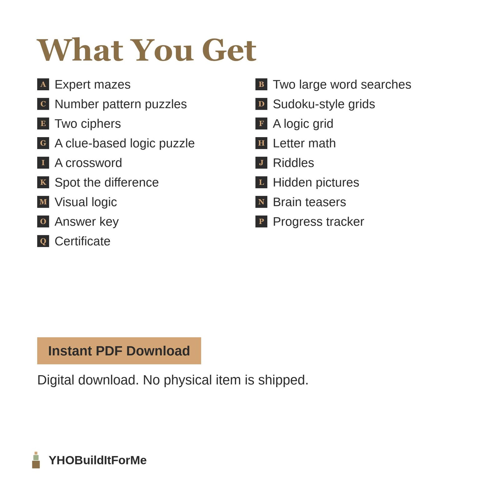 What You Get page listing expert mazes, ciphers, logic grids and an answer key