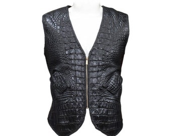 Motorbike Leather Vest- crocodile article - 100% Genuine Cowhide Drum dyed Leather - Vintage Motorcycle Club Gang Vest - Free Shipping