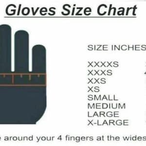 May include: A glove size chart with a black hand illustration and a ruler measuring the circumference of the four fingers. The chart lists sizes from XXXXS to X-Large with corresponding inch measurements.