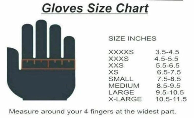May include: A glove size chart with a black hand illustration and a ruler measuring the circumference of the four fingers. The chart lists sizes from XXXXS to X-Large with corresponding inch measurements.