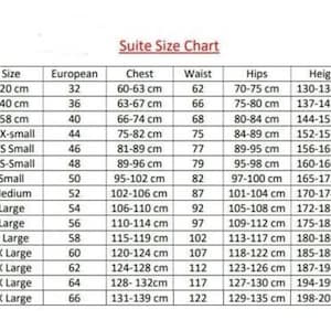 May include: A size chart for suits with measurements in centimeters for chest, waist, hips, and height. The chart includes sizes from 32 to 66 European size, and corresponding measurements in centimeters.