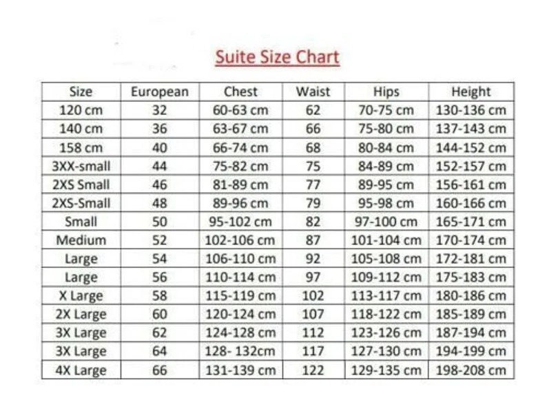 May include: A size chart for suits with measurements in centimeters for chest, waist, hips, and height. The chart includes sizes from 32 to 66 European size, and corresponding measurements in centimeters.