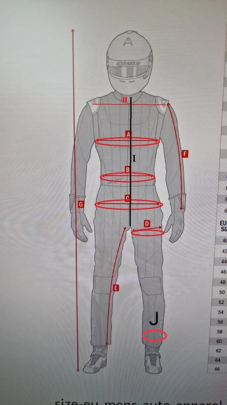 May include: Diagram showing measurements for a racing suit. The measurements are labeled with letters A through J. The suit is gray and has red lines indicating the measurements.