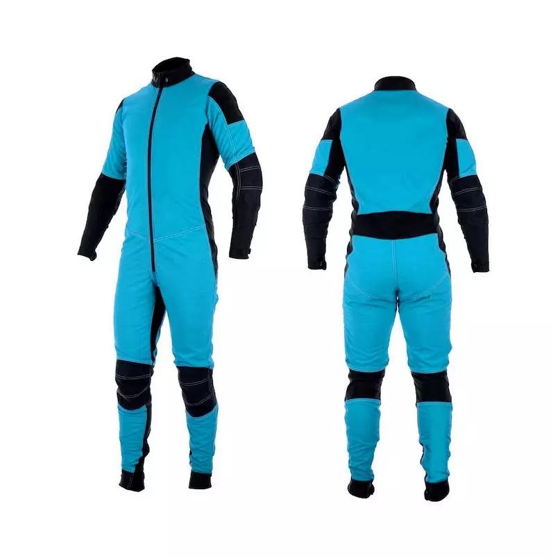 May include: A blue and black jumpsuit with a zip at the front. The jumpsuit has black accents on the shoulders, arms, and legs.