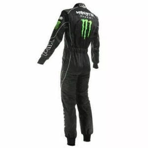 May include: Black racing suit with white accents and the Monster Energy logo in green.