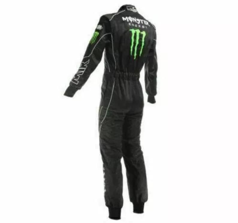 May include: Black racing suit with white accents and the Monster Energy logo in green.