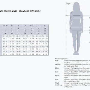 May include: A size chart for ladies racing suits with measurements in centimeters for height, chest, bust, waist, hips, thigh, inside leg, and arm.