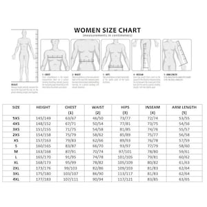 May include: A size chart for women's clothing with measurements in centimetres. The chart lists sizes from 5XS to 4XL and includes measurements for height, chest, waist, hips, inseam, and arm length.