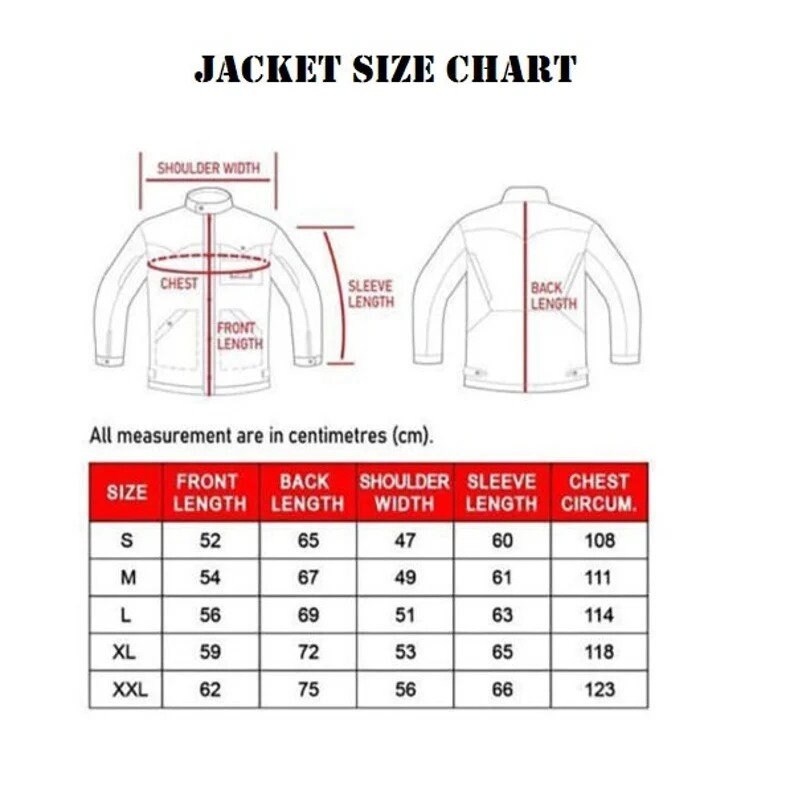May include: A size chart for jackets with measurements in centimeters for front length, back length, shoulder width, sleeve length, and chest circumference. Sizes include S, M, L, XL, and XXL.