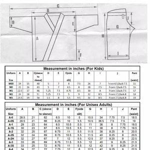 May include: A size chart for kids and adults for Brazilian Jiu-Jitsu uniforms. The chart shows measurements in inches for the uniform top and pants, including sleeve length, side slit, and waist size.