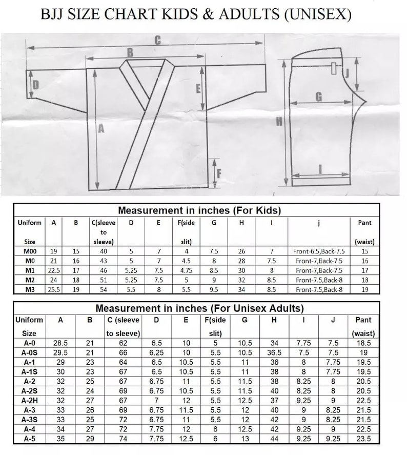 May include: A size chart for kids and adults for Brazilian Jiu-Jitsu uniforms. The chart shows measurements in inches for the uniform top and pants, including sleeve length, side slit, and waist size.