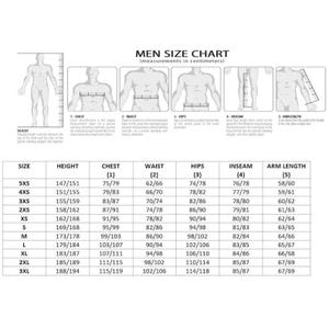 May include: A men's size chart with measurements in centimetres for chest, waist, hips, inseam, and arm length. The chart includes sizes from 5XS to 3XL.