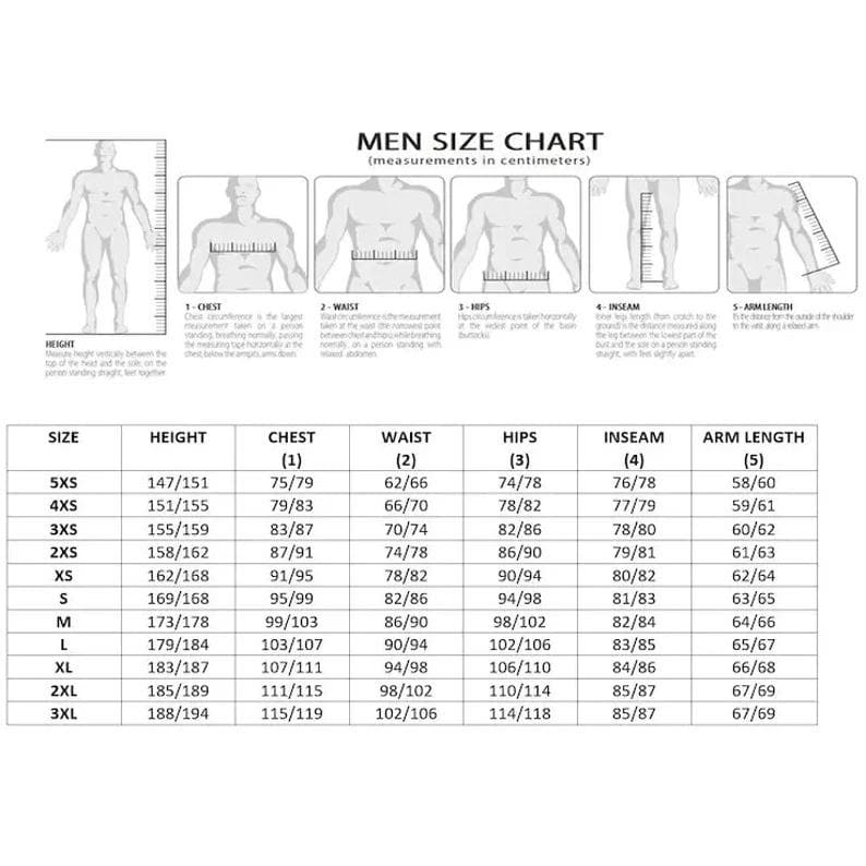 May include: A men's size chart with measurements in centimetres for chest, waist, hips, inseam, and arm length. The chart includes sizes from 5XS to 3XL.