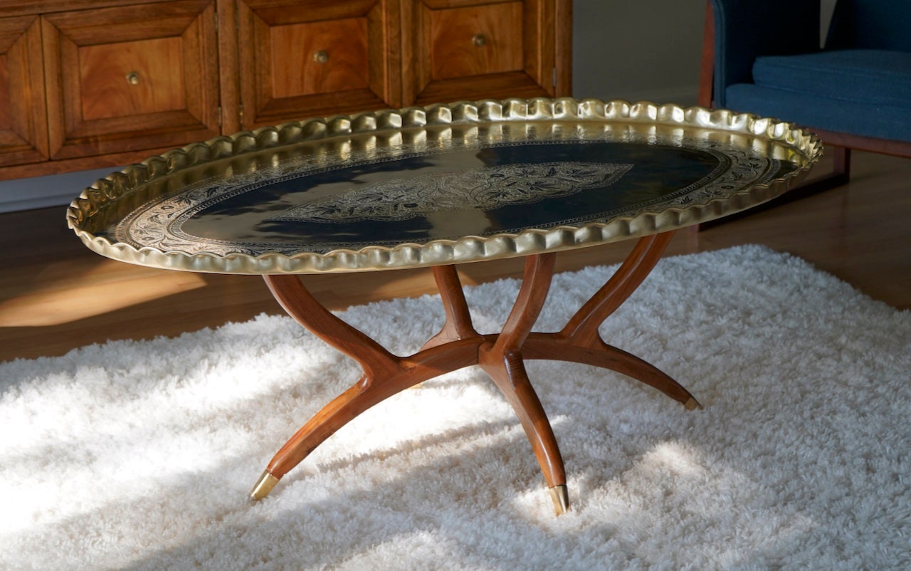 Moroccan Mid Century Oval Brass Tray Table with Spider Leg Base