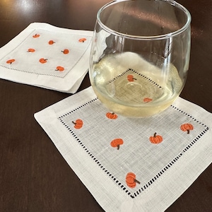 Servilletas de cóctel de otoño/calabaza/Halloween (bordadas, de lino, personalizadas)