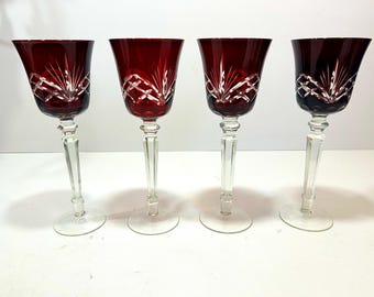 4 copas de vino altas estilo bohemio vintage de color rojo rubí, cortadas a transparentes, de 24,5 cm de alto