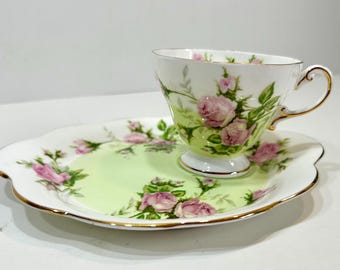 Juego de tenis de porcelana E B Foley con rosas rosadas, porcelana fina verde