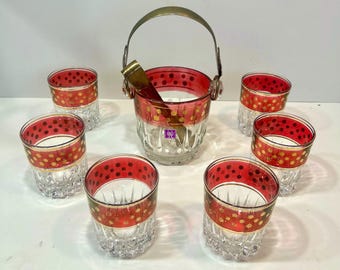 Cubitera vintage Christallerie Artistiche con pinzas de metal y 6 vasos a juego, fabricada en Italia