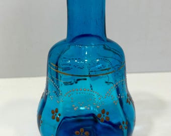 Jarrón vintage de cristal turquesa con diseño floral pintado a mano