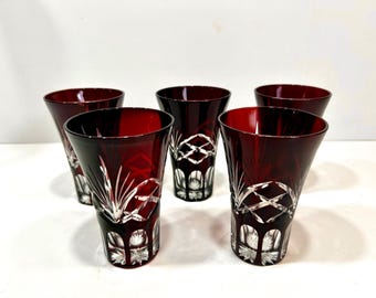 5 vasos vintage estilo bohemio rojo rubí cortados a transparentes de 12,5 cm de alto