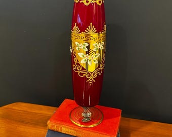 Jarrón de cristal rojo estrella vintage/esmaltado en oro, pintado a mano/hecho a mano, estilo bohemio floral, 28 cm de alto