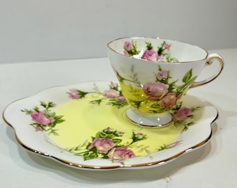 Juego de tenis de porcelana E B Foley con rosas rosadas, porcelana fina amarilla