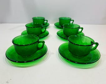 Arcoroc Sierra Green Glass - 6 tazas y 6 platillos - Vintage - Fabricado en Francia