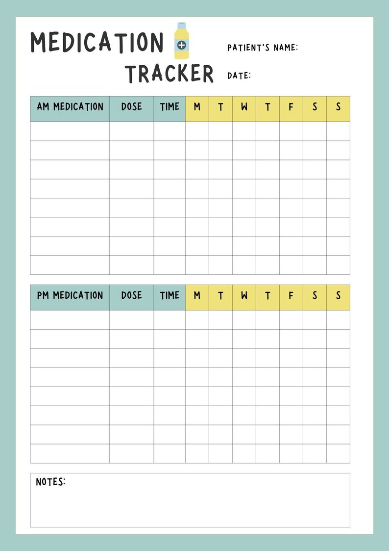 Medication Tracker Printable Medicine Chart Supplement, Pills, Medicine List Weekly Medication ...