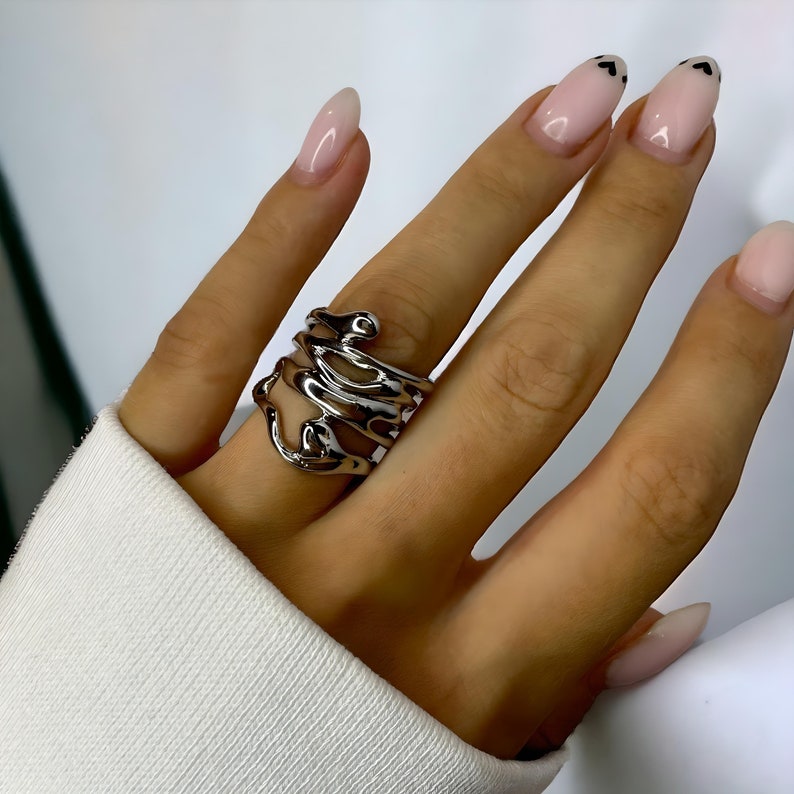 Chunky Irregular Silver Rings Molten Liquid Lava Y2k Ring Hollow Unique Ring Abstract Geometric Ring Set Minimalistic Ring Gift for women zdjęcie 6