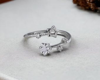 Anillo multiestrella de cristal Y2k Anillo delicado Plata Pequeño Anillo multiestrella Anillos minimalistas para mujeres Anillo de plata ajustable Regalos para ella