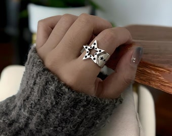 Y2k Star Ring Set Sterling Silver Y2k Rings Chunky Geometric Ring Punk ring Y2k Jewelry Adjustable Irregular Silver Ring set Gift for Women