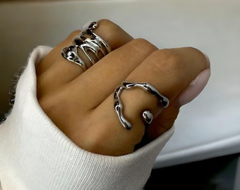 Chunky Irregular Silver Rings Molten Liquid Lava Y2k Ring Hollow Unique Ring Abstract Geometric Ring Set Minimalistic Ring Gift for women