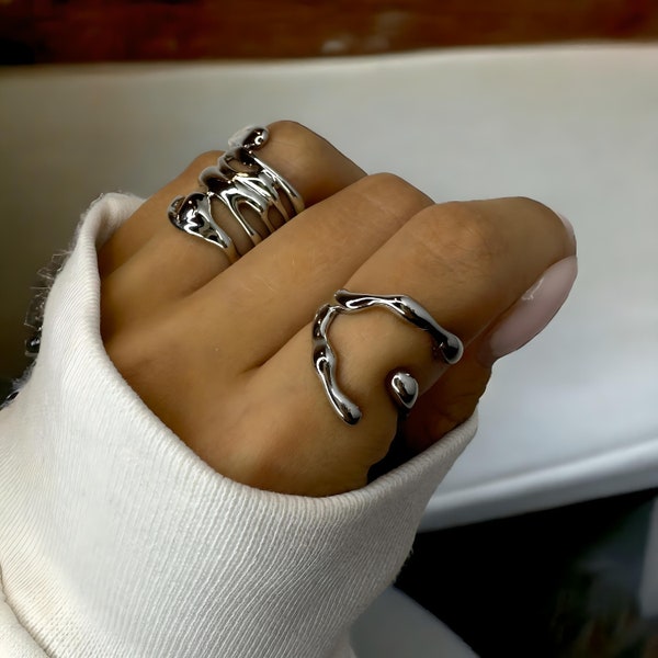 Grosses bagues irrégulières en argent, lave liquide en fusion Y2k, bague creuse unique, bague géométrique abstraite, ensemble de bagues minimalistes, cadeau pour femme