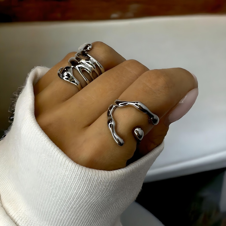 Dikke onregelmatige zilveren ringen gesmolten vloeibare lava Y2k ring holle unieke ring abstracte geometrische ring set minimalistische ring cadeau voor vrouwen afbeelding 1