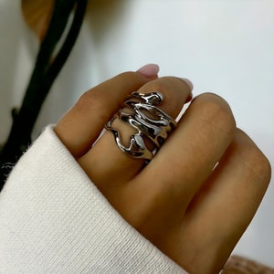 Grosses bagues irrégulières en argent, lave liquide en fusion Y2k, bague creuse unique, bague géométrique abstraite, ensemble de bagues minimalistes, cadeau pour femme Ripple