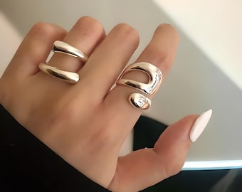 Bague de lave en fusion irrégulière, grosse chevalière géométrique en argent, bague liquide abstraite pour elle, bague minimaliste unique pour femme