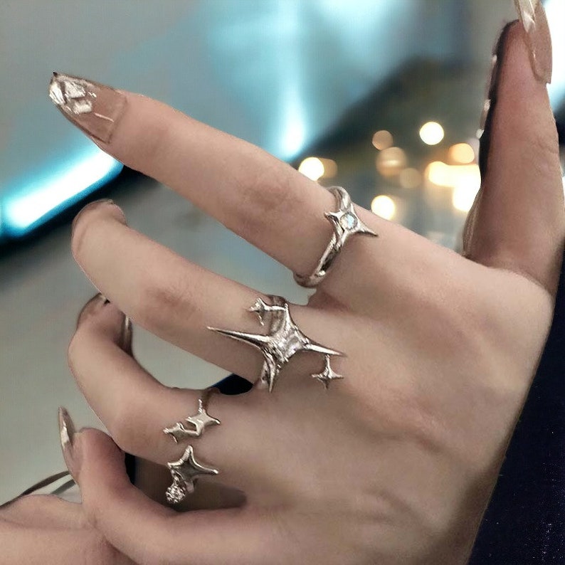 Zilveren Y2k Star Rings Y2k Egirl Silver Star Rings, Cross Design Onregelmatige Ringen, Verstelbare Parenringen, Gotische Y2k sieraden voor haar afbeelding 6