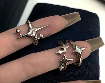 Silver Y2k Star Rings - Y2k Egirl Silver Star Rings, Cross Design Irregular Rings, Adjustable Couples rings, Gothic Y2k jewelry for her