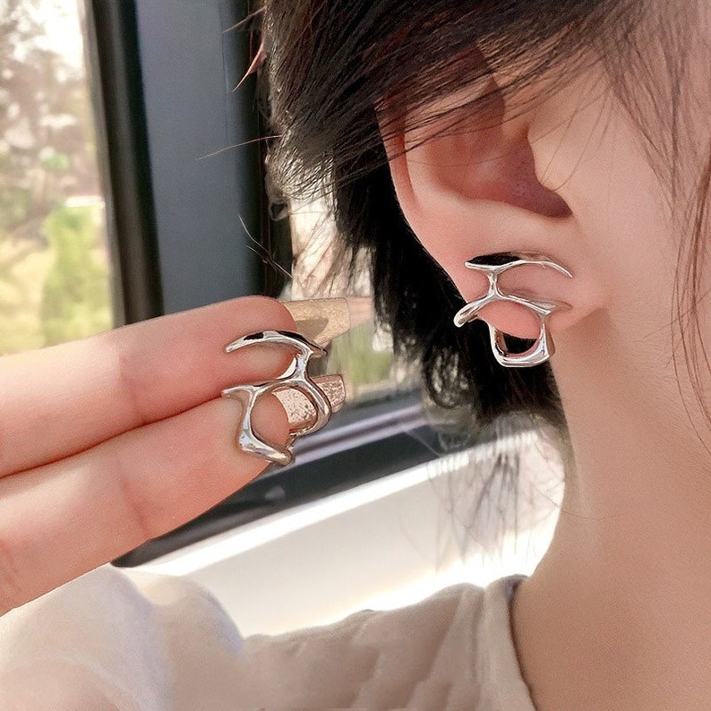 Irregular Silver Y2k Earring Punk Geometric Silver Earrings Unique Hollow Silver jewelry melted metal silver earring studs gift for her zdjęcie 2