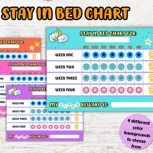 Può includere: Grafici stampabili "Stay in Bed Chart" a tema stelle e luna, con spazio per il monitoraggio settimanale e i premi. Sono inclusi quattro diversi sfondi colorati tra cui scegliere.