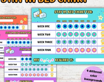 May include: Colorful "Stay in Bed Chart" printable charts with a star and moon theme. The charts have space for weekly tracking and rewards. Includes four different color backgrounds to choose from.