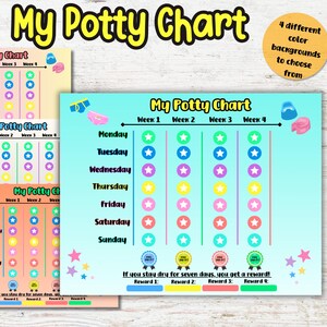 May include: Potty training charts with the text "My Potty Chart" in yellow. The charts have various coloured backgrounds and star and circle graphics to track progress. Includes text "4 different colour backgrounds to choose from".