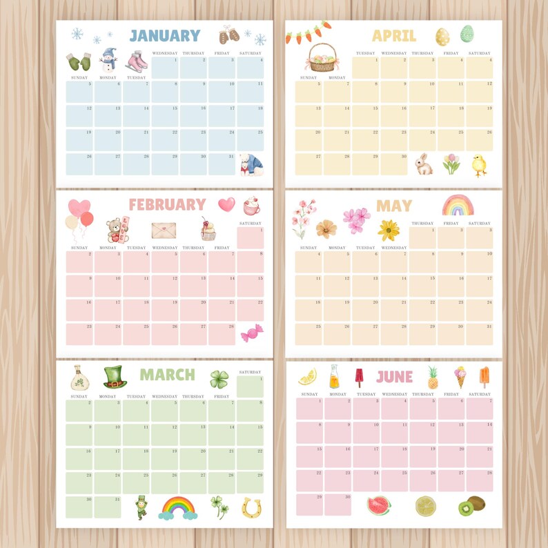2025 Calendar Printable, Cute Kids Watercolor Calendar 2025, Wall