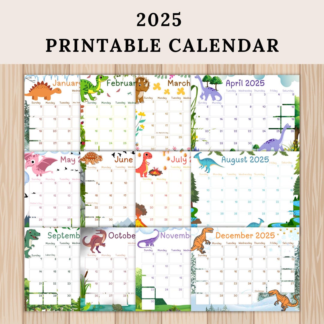 2025 Calendar Printable, Dinosaur Calendar for Kids, Wall Calendar PDF