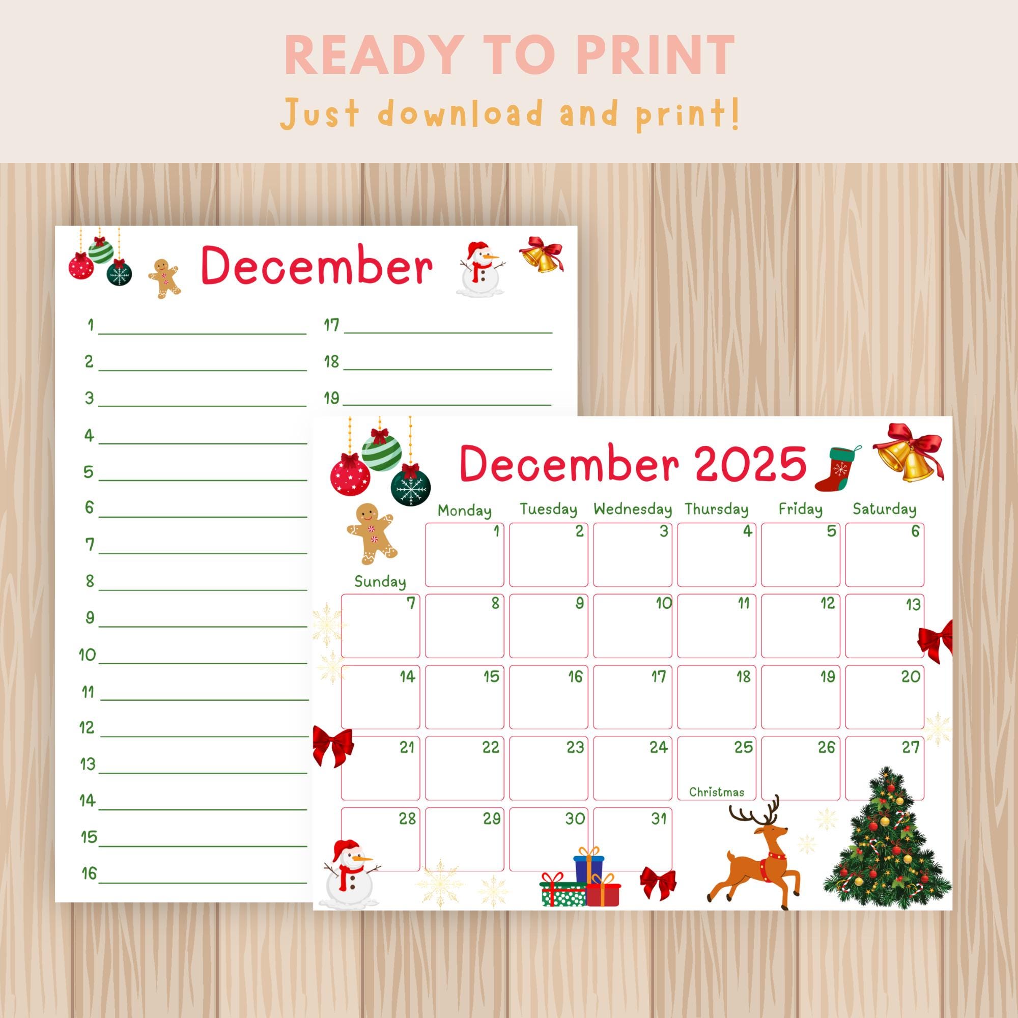 2025 Calendar Printable, Printable Kids Calendar Bundle Wall Calendar ...