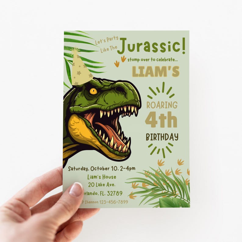 Dinosaur Birthday Invitation, Digital Invitation Canva Template, Dino