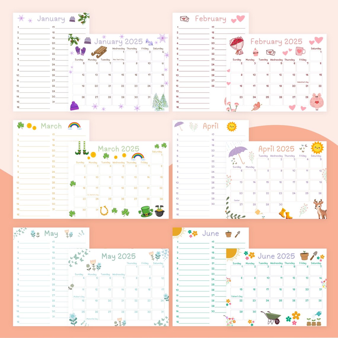 2025 Calendar Bundle, Editable Kids Calendar, Printable Annual Calendar ...