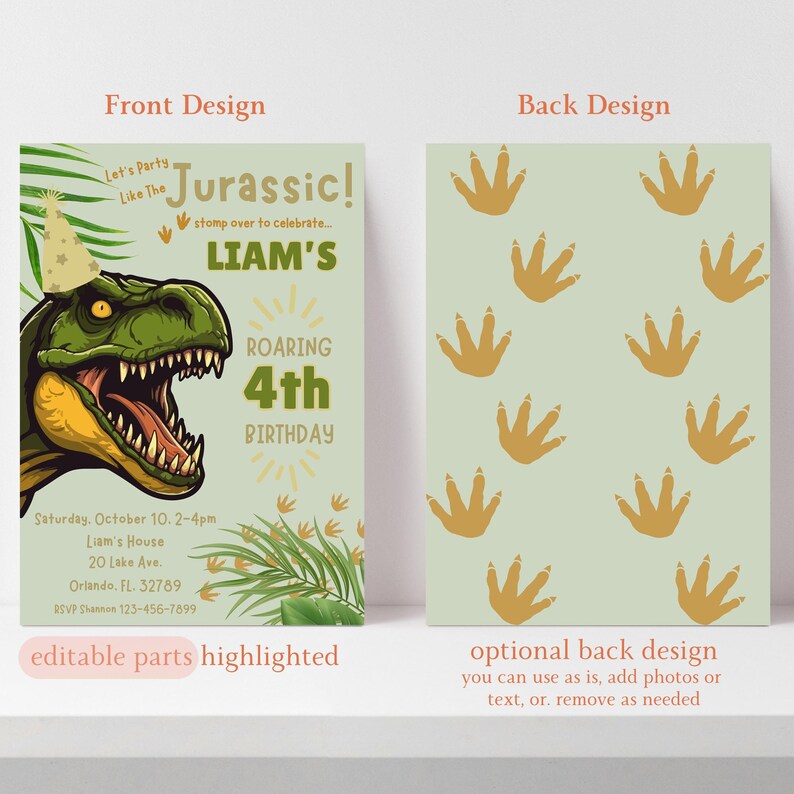 Dinosaur Birthday Invitation, Digital Invitation Canva Template, Dino