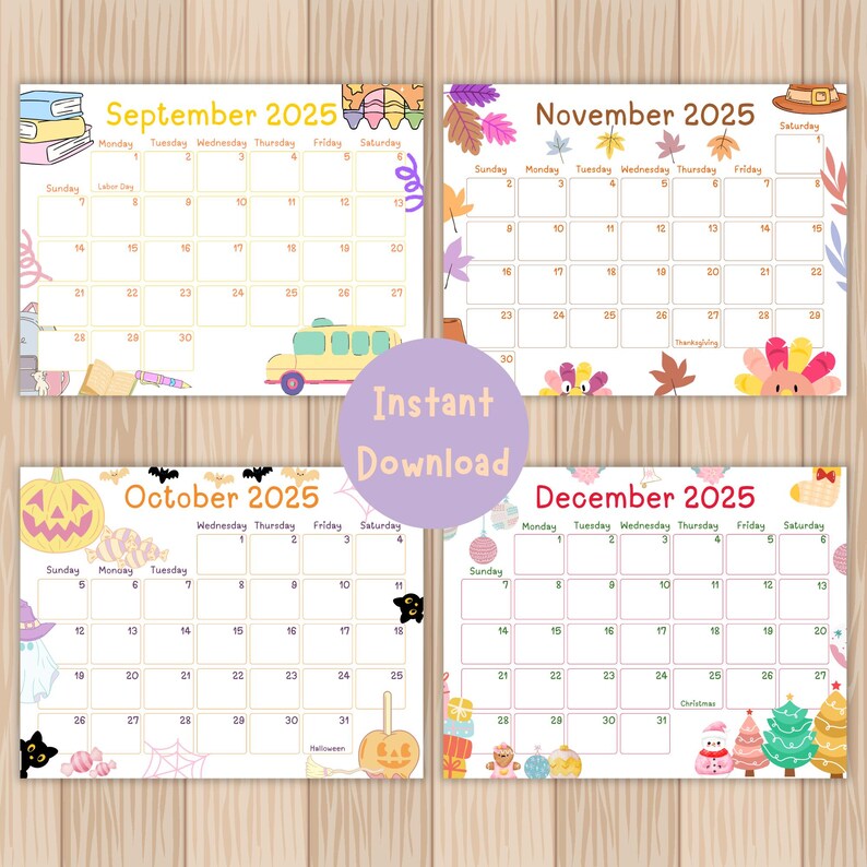 Kids Printable Calendar 2025 Editable Wall Calendar, Kids Organization
